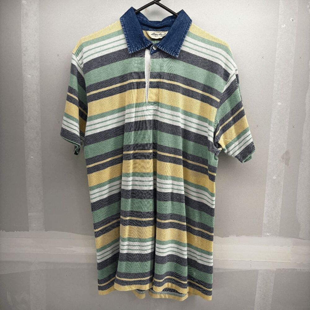 Vintage Eddie Bauer Polo Shirt Men's Medium Blue‎ White Striped Rugby Denim 90s